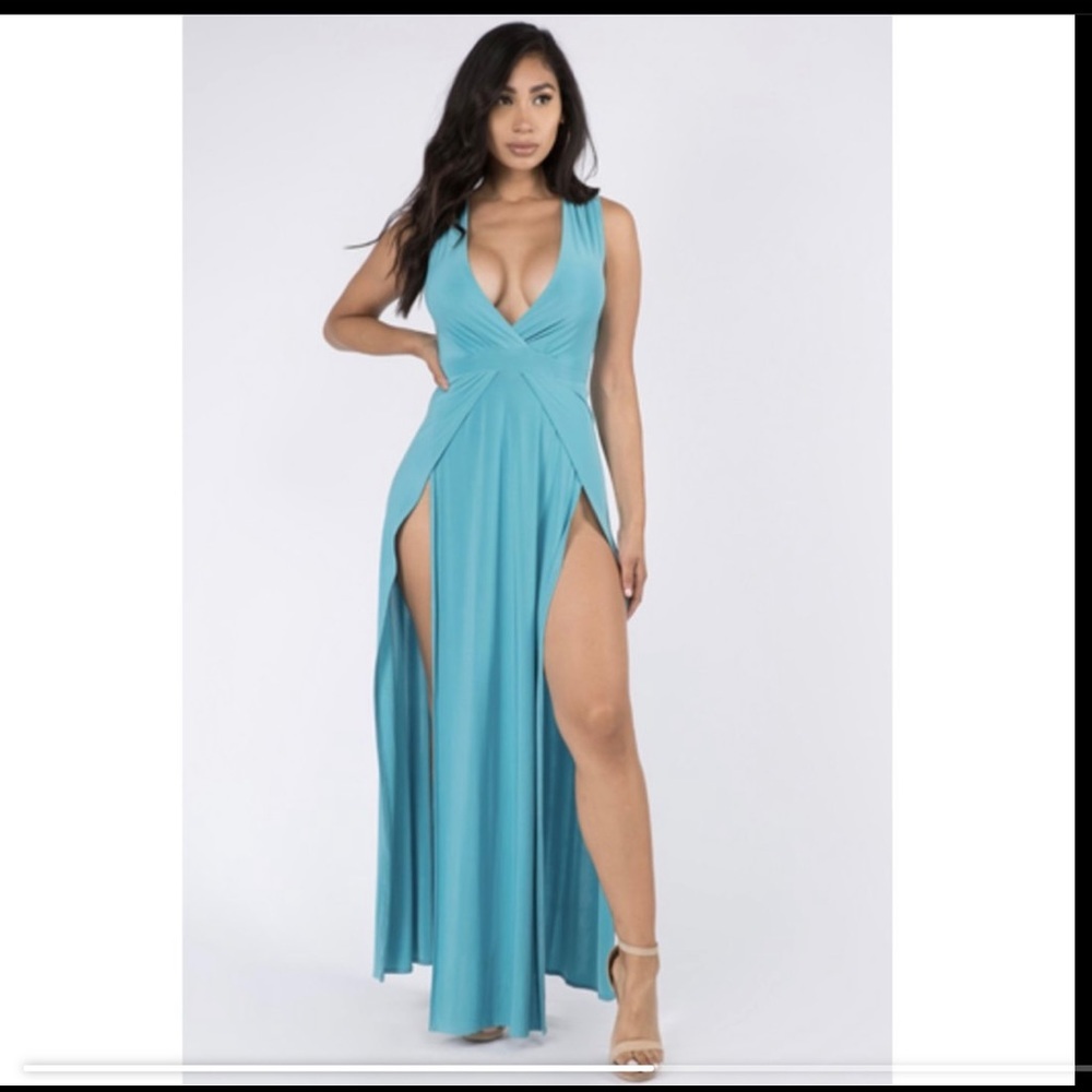 Teal Side Slit Maxi Dress
